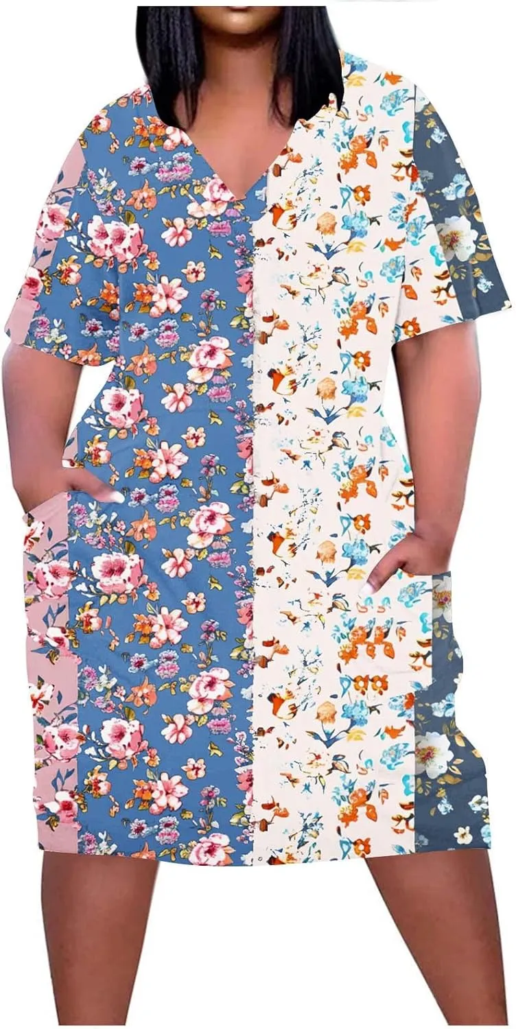 Women's Oversized Summer Sundresses Fashion Printed Loose Casual Dress Short Sleeved Knee Length Dress Beachwear