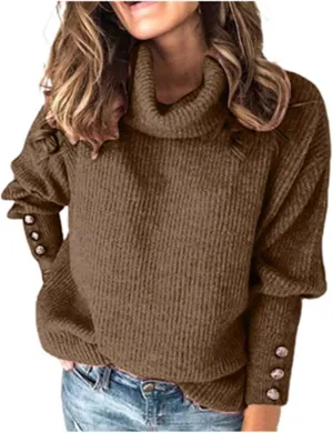 Women's Oversized Turtleneck Sweaters Fall 2024 Dressy Casual Ribbed Knit Button Long Sleeve Pullover Sweater