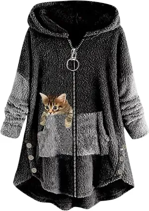Women's Oversized Zip Up Sherpa Hoodie Fuzzy Fleece Jacket Cat Kitty Print Lightweight Faux Shearling A Line Teddy Coat