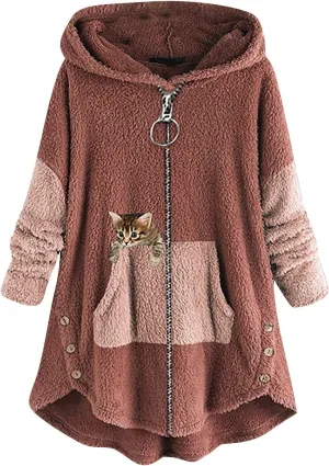 Women's Oversized Zip Up Sherpa Hoodie Fuzzy Fleece Jacket Cat Kitty Print Lightweight Faux Shearling A Line Teddy Coat