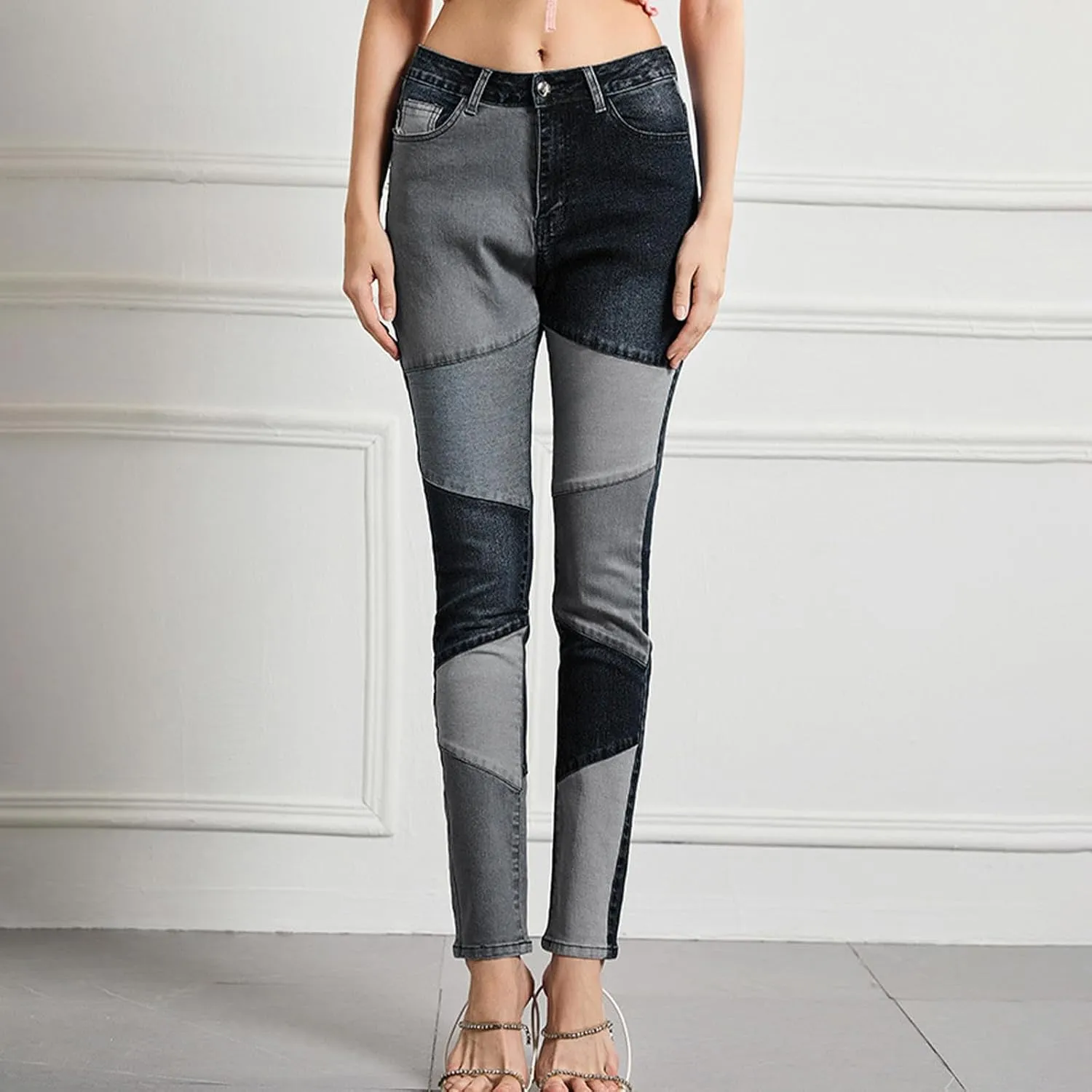 Womens Patchwork Skinny Jeans Fashion 2024 High Waisted Button Lounge Denim Pants with Pocket Figure-Flattering Jeans