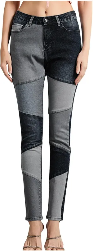 Womens Patchwork Skinny Jeans Fashion 2024 High Waisted Button Lounge Denim Pants with Pocket Figure-Flattering Jeans
