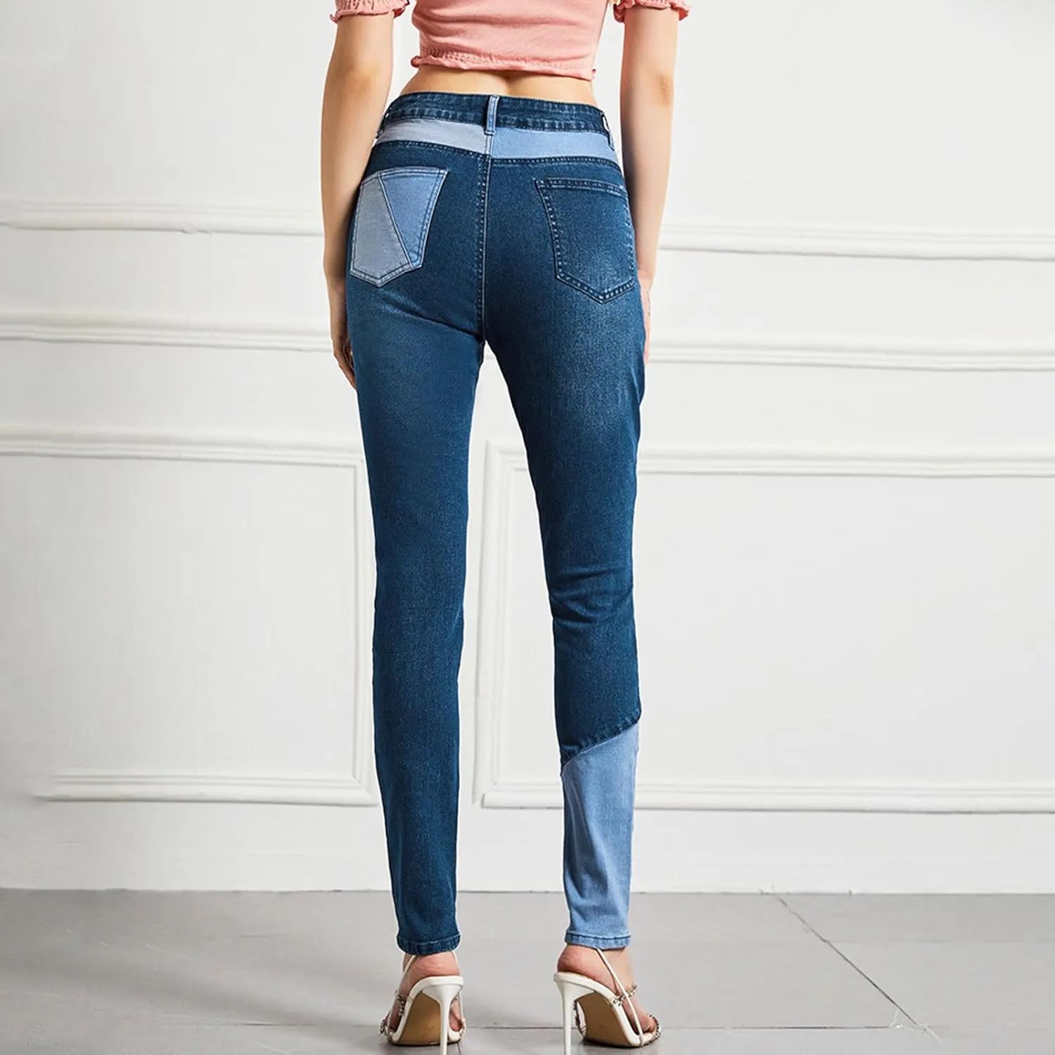 Womens Patchwork Skinny Jeans Fashion 2024 High Waisted Button Lounge Denim Pants with Pocket Figure-Flattering Jeans