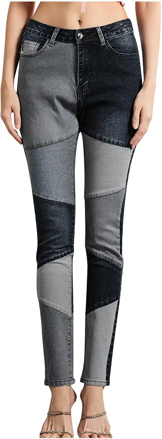 Womens Patchwork Skinny Jeans Fashion 2024 High Waisted Button Lounge Denim Pants with Pocket Figure-Flattering Jeans