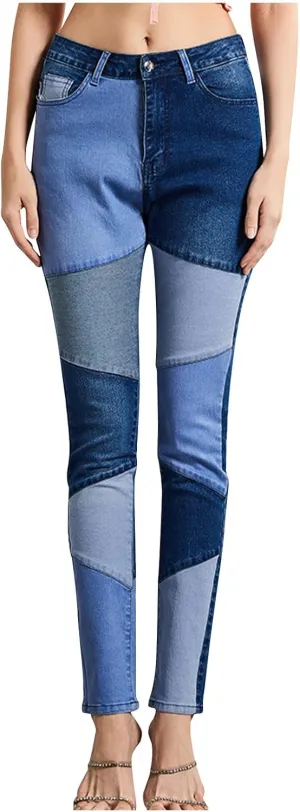 Womens Patchwork Skinny Jeans Fashion 2024 High Waisted Button Lounge Denim Pants with Pocket Figure-Flattering Jeans