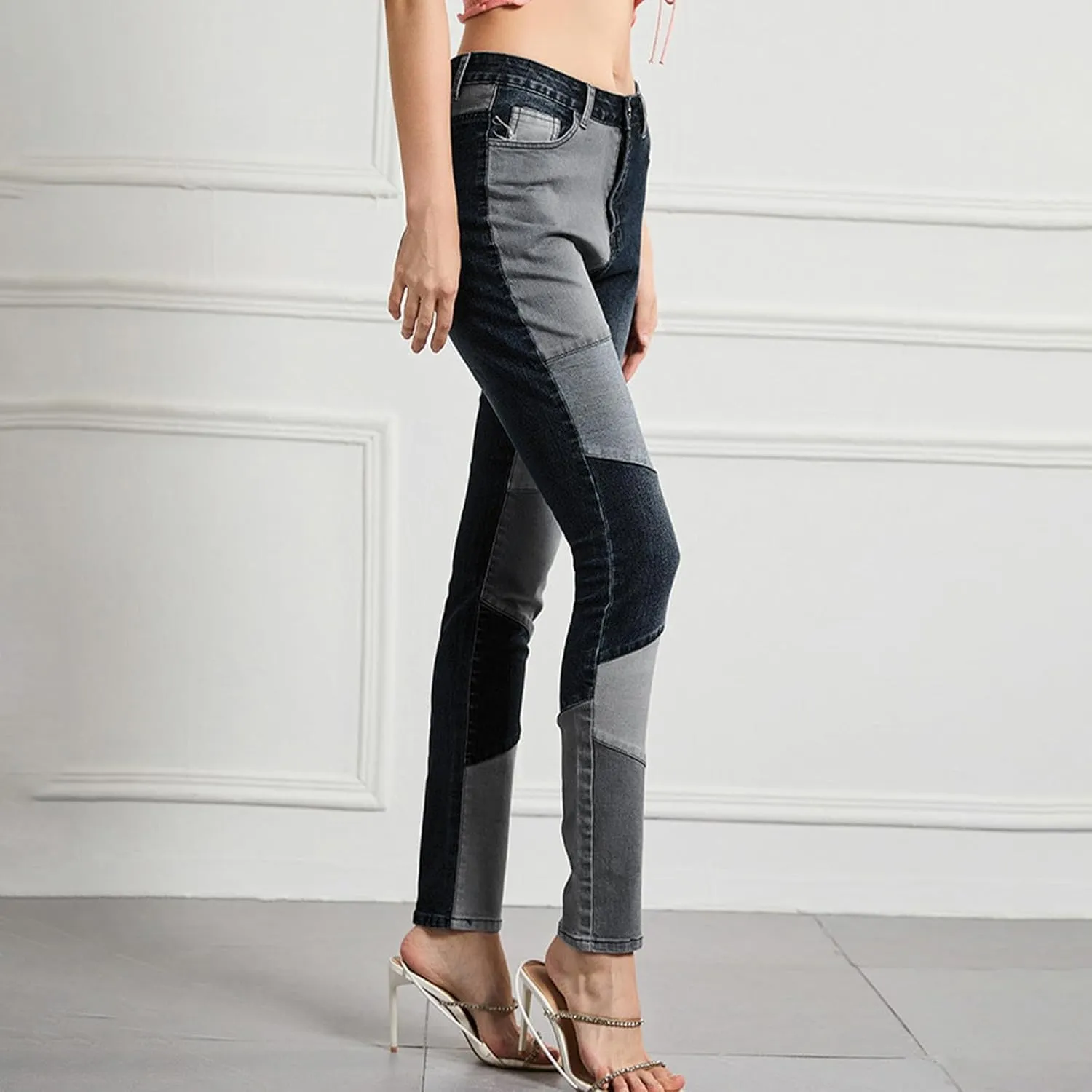Womens Patchwork Skinny Jeans Fashion 2024 High Waisted Button Lounge Denim Pants with Pocket Figure-Flattering Jeans