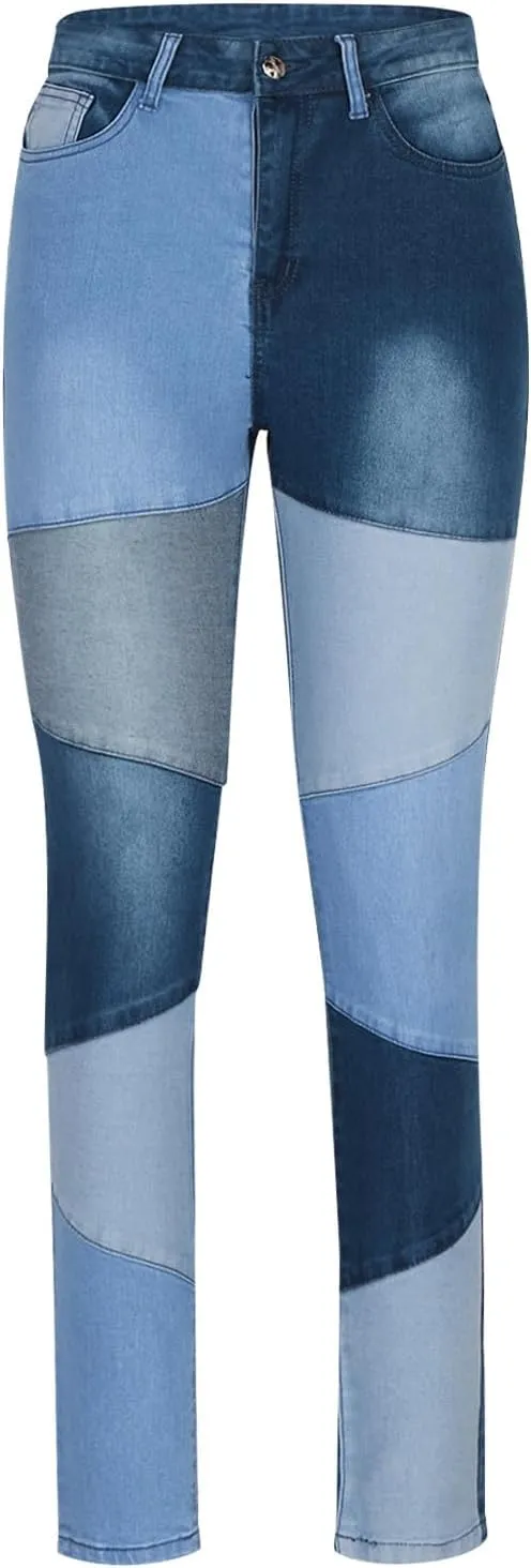 Womens Patchwork Skinny Jeans Fashion 2024 High Waisted Button Lounge Denim Pants with Pocket Figure-Flattering Jeans