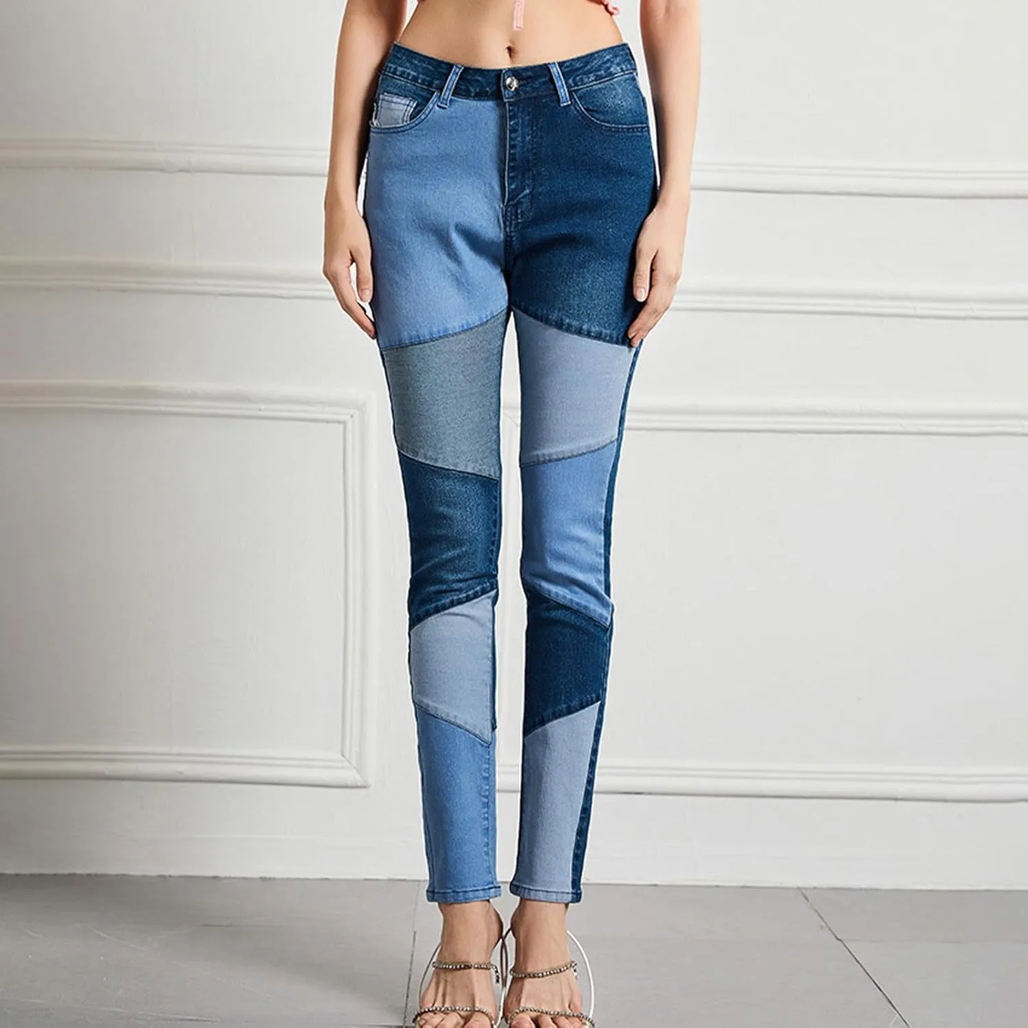 Womens Patchwork Skinny Jeans Fashion 2024 High Waisted Button Lounge Denim Pants with Pocket Figure-Flattering Jeans
