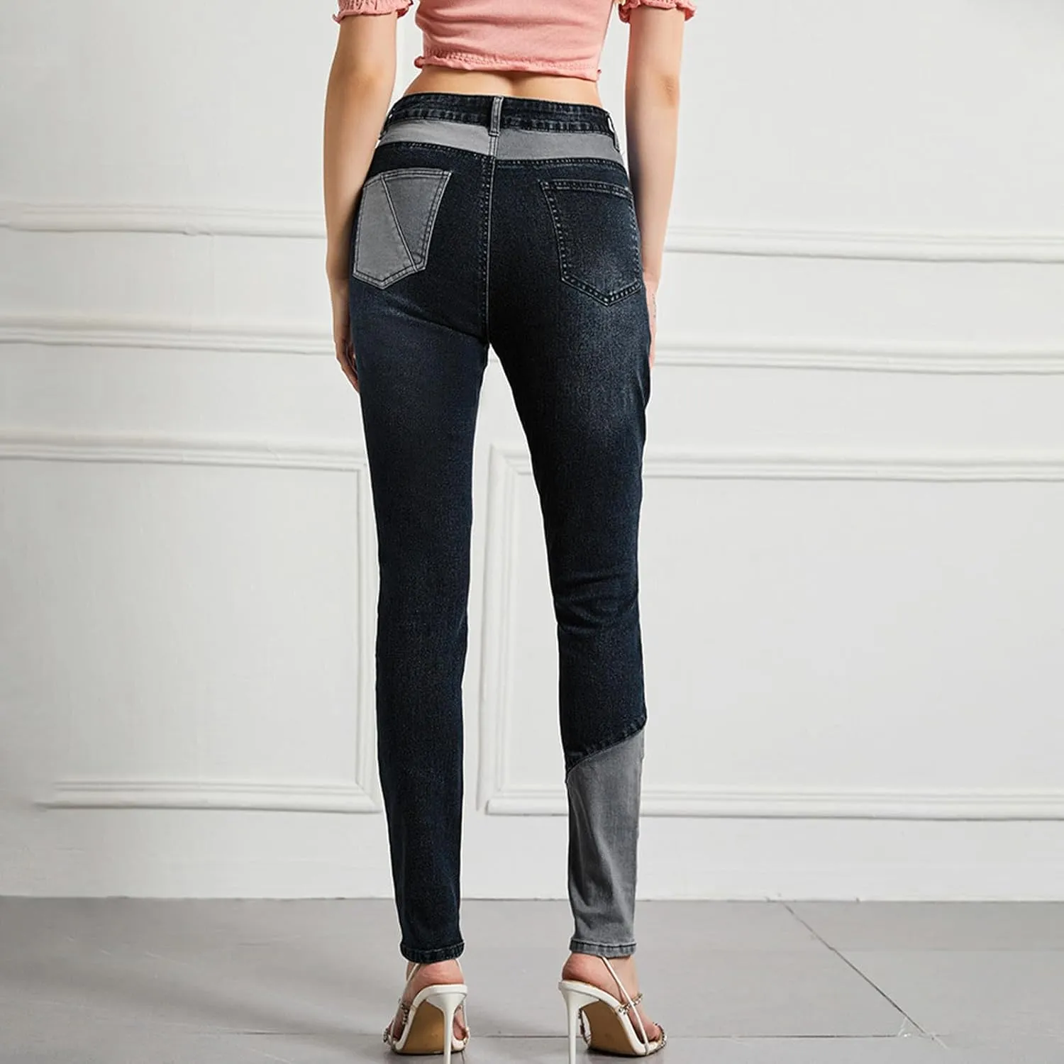 Womens Patchwork Skinny Jeans Fashion 2024 High Waisted Button Lounge Denim Pants with Pocket Figure-Flattering Jeans