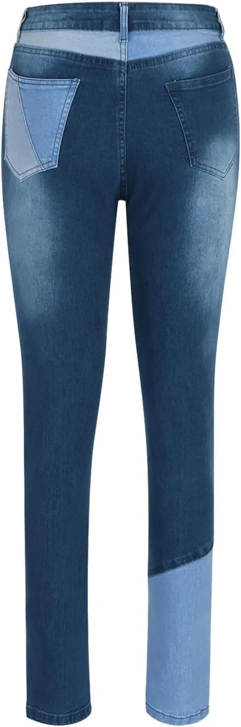 Womens Patchwork Skinny Jeans Fashion 2024 High Waisted Button Lounge Denim Pants with Pocket Figure-Flattering Jeans