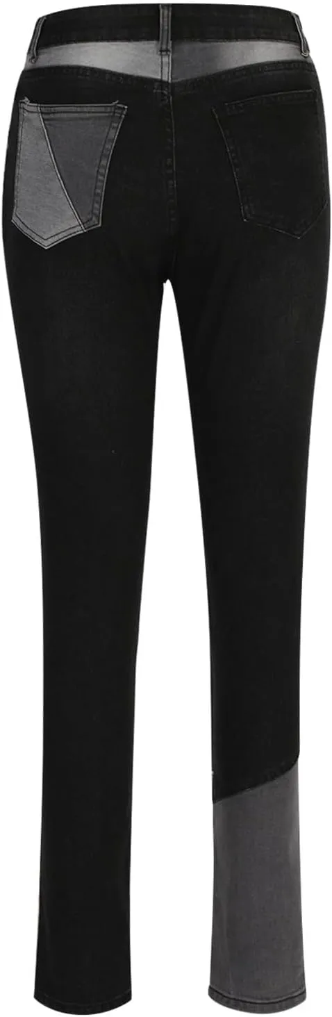 Womens Patchwork Skinny Jeans Fashion 2024 High Waisted Button Lounge Denim Pants with Pocket Figure-Flattering Jeans