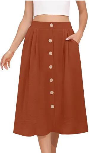 Women's Pleated A-line Midi Skirt Elastic Waist Fake Button Front Casual Flared Long Skirts Summer Office Work Skirt