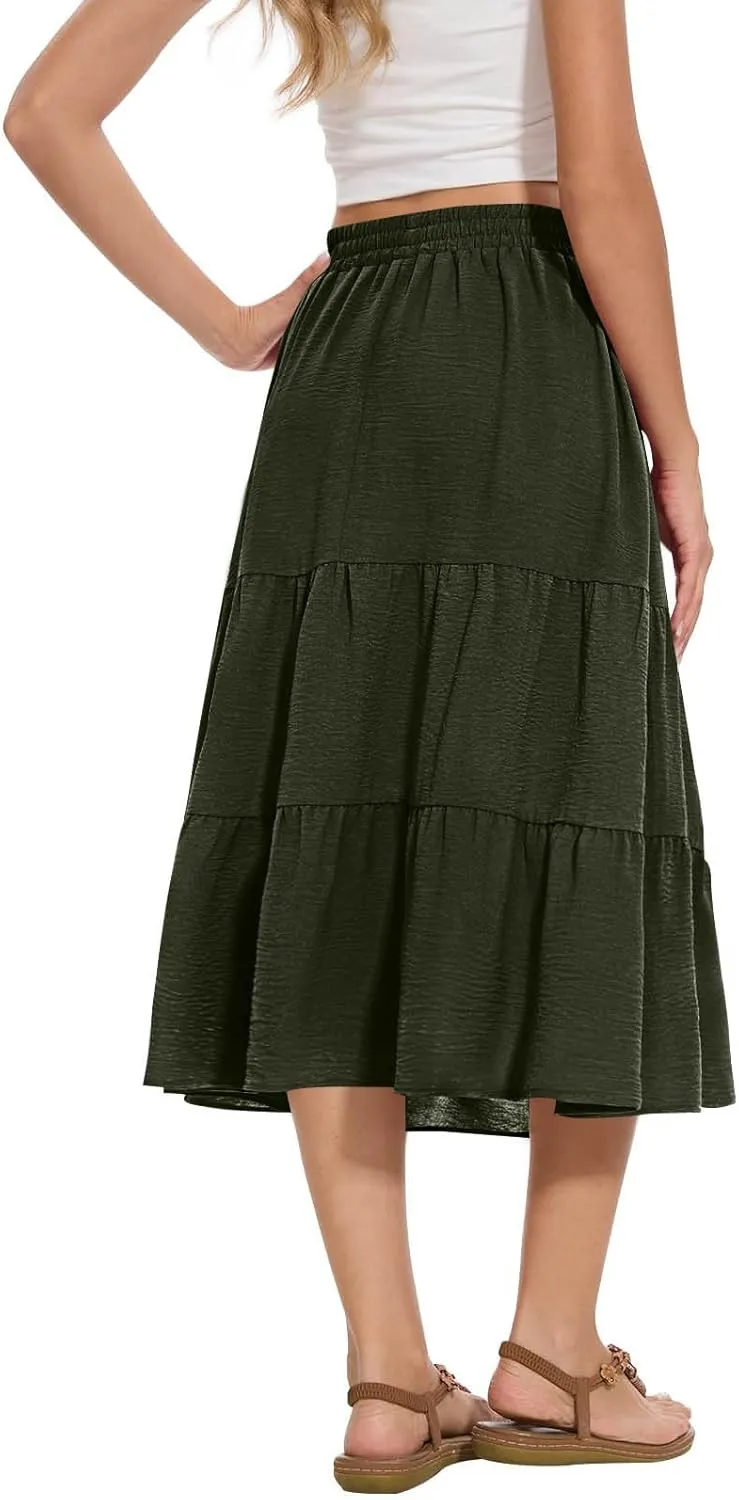 Women's Pleated A-line Midi Skirt Elastic Waist Fake Button Front Casual Flared Long Skirts Summer Office Work Skirt