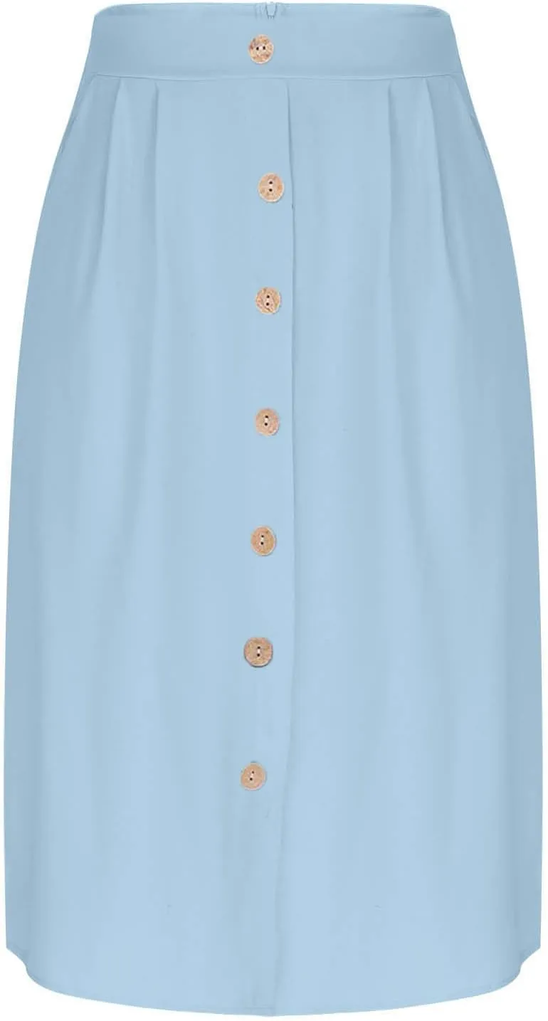 Women's Pleated A-line Midi Skirt Elastic Waist Fake Button Front Casual Flared Long Skirts Summer Office Work Skirt