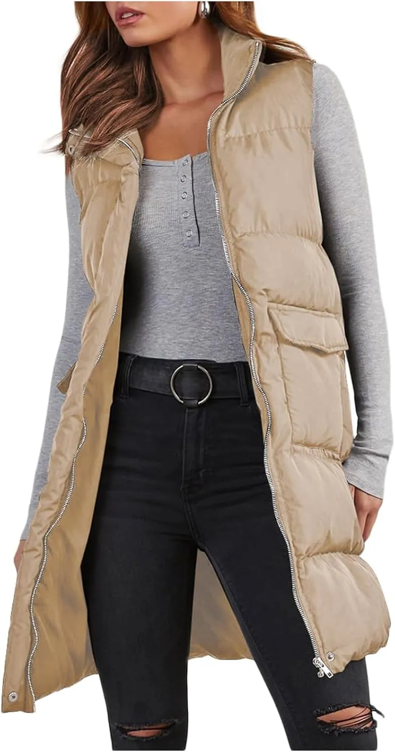 Womens Puffer Vest Casual Hooded Sleeveless Zip Up Long Jacket Lightweight Quilted Jackets Down Coat Winter Clothes