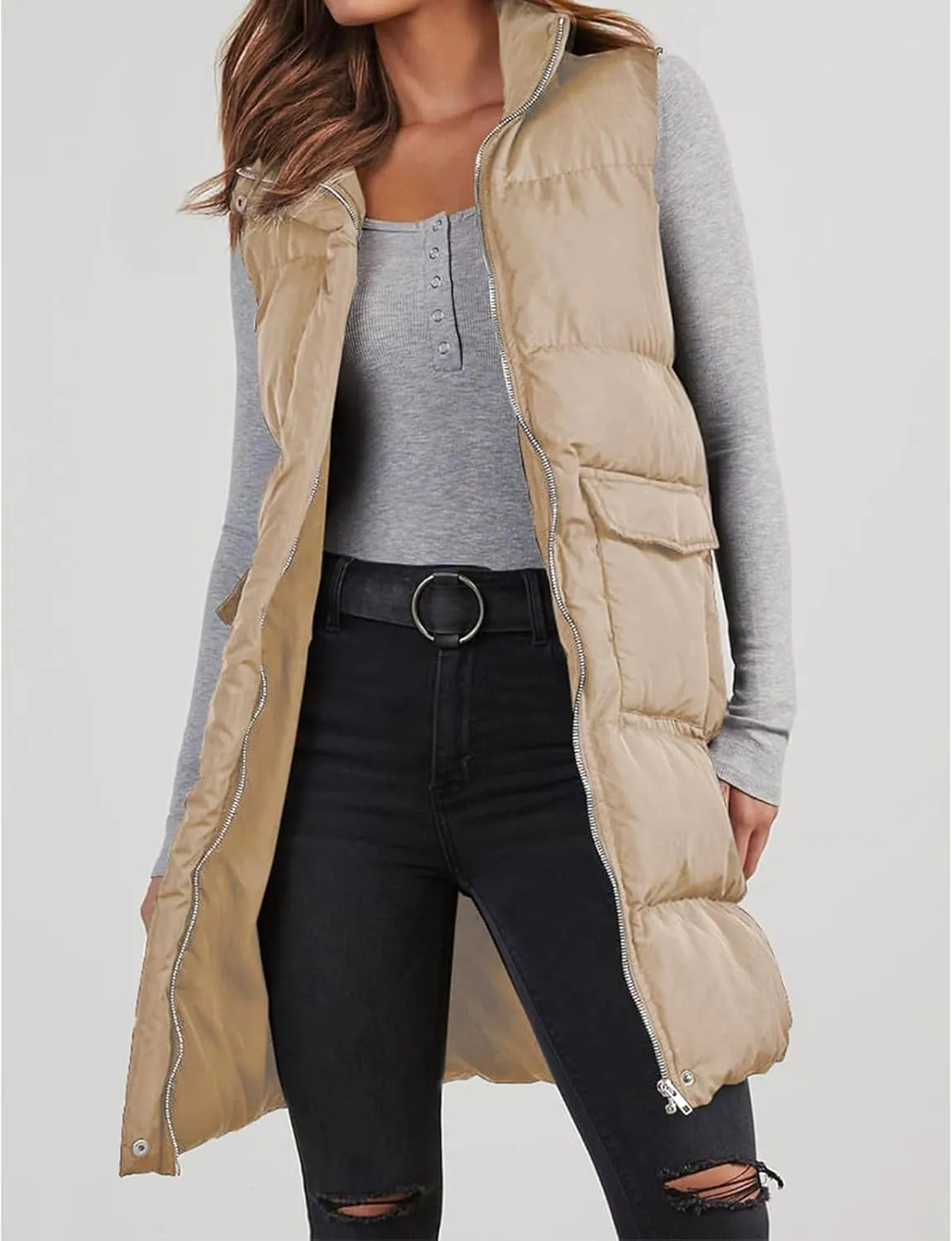 Womens Puffer Vest Casual Hooded Sleeveless Zip Up Long Jacket Lightweight Quilted Jackets Down Coat Winter Clothes