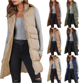 Womens Puffer Vest Casual Hooded Sleeveless Zip Up Long Jacket Lightweight Quilted Jackets Down Coat Winter Clothes
