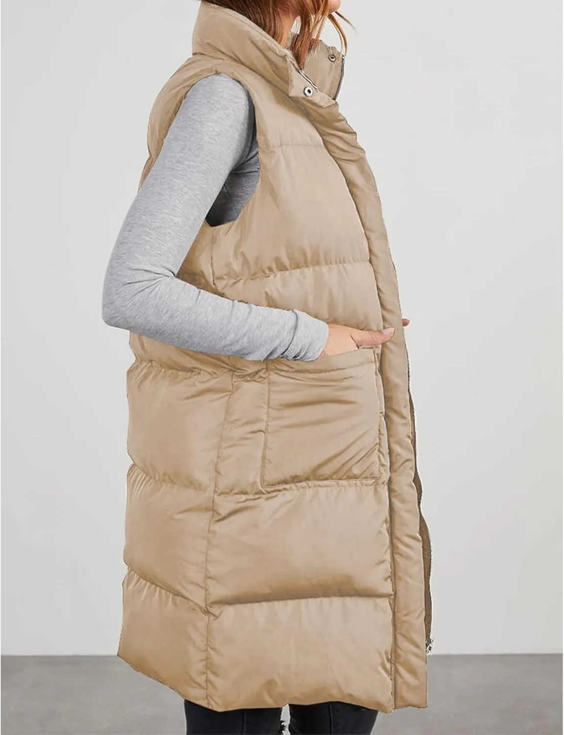 Womens Puffer Vest Casual Hooded Sleeveless Zip Up Long Jacket Lightweight Quilted Jackets Down Coat Winter Clothes