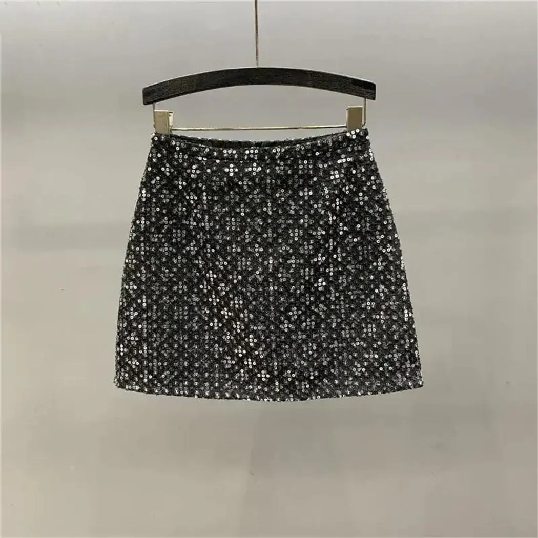 Women's Sequined Denim Skirt High Waist Slimming A-Line Hip-Wrap Skirt with Anti-Slip Lining