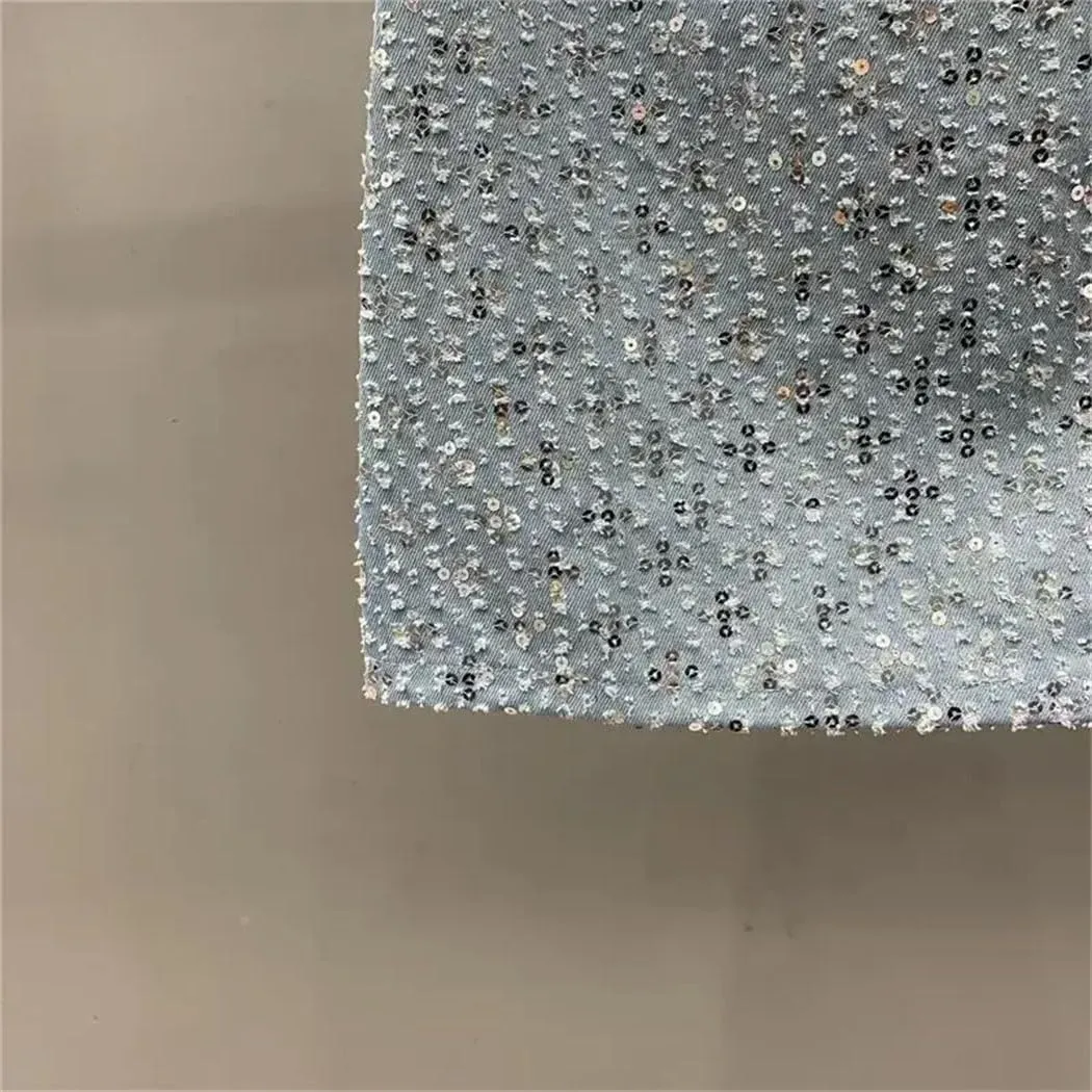Women's Sequined Denim Skirt High Waist Slimming A-Line Hip-Wrap Skirt with Anti-Slip Lining