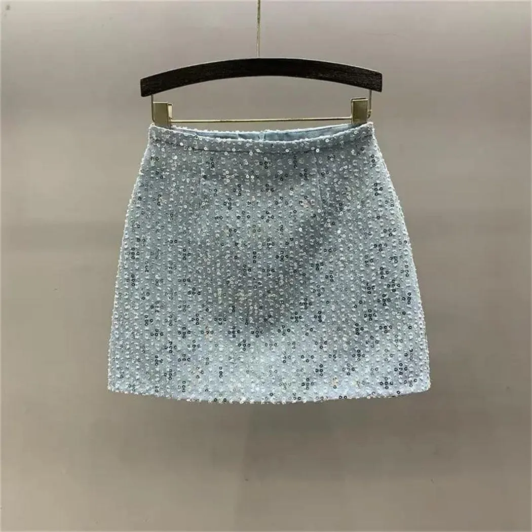 Women's Sequined Denim Skirt High Waist Slimming A-Line Hip-Wrap Skirt with Anti-Slip Lining