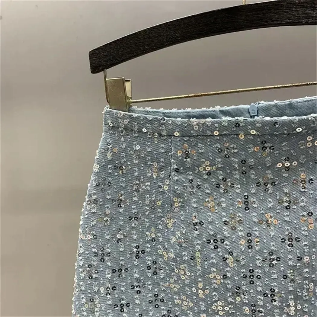 Women's Sequined Denim Skirt High Waist Slimming A-Line Hip-Wrap Skirt with Anti-Slip Lining