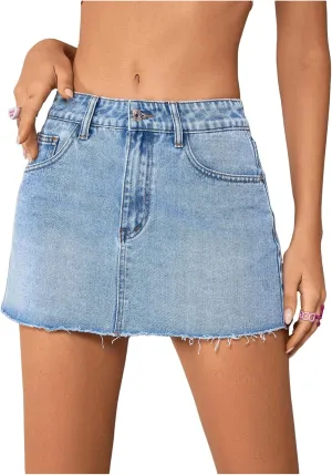 Women's Single Button Front Raw Hem Denim Skirt Mini Jean Skirts with Pockets