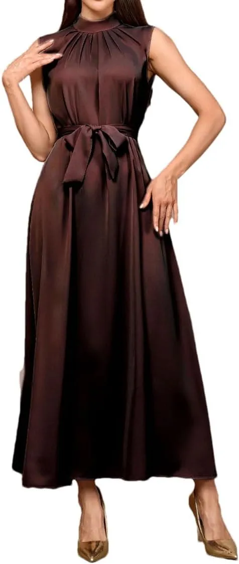 Womens Sleeveless Slip Vacation Party Dress Belt Ramadan Islamic Mock Neck Long Dresses