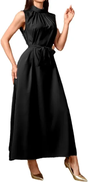 Womens Sleeveless Slip Vacation Party Dress Belt Ramadan Islamic Mock Neck Long Dresses