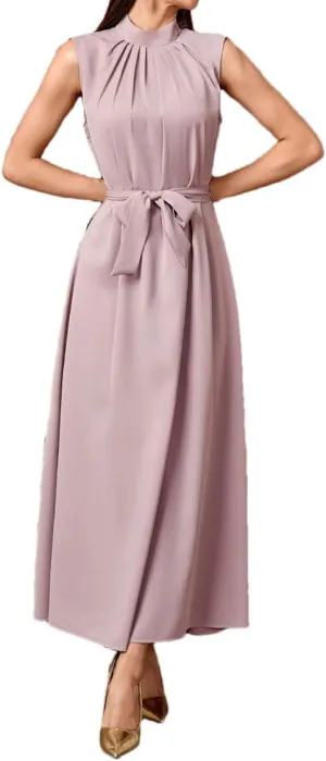 Womens Sleeveless Slip Vacation Party Dress Belt Ramadan Islamic Mock Neck Long Dresses
