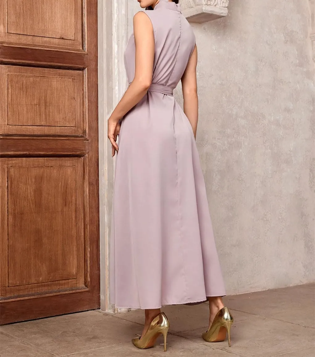 Womens Sleeveless Slip Vacation Party Dress Belt Ramadan Islamic Mock Neck Long Dresses
