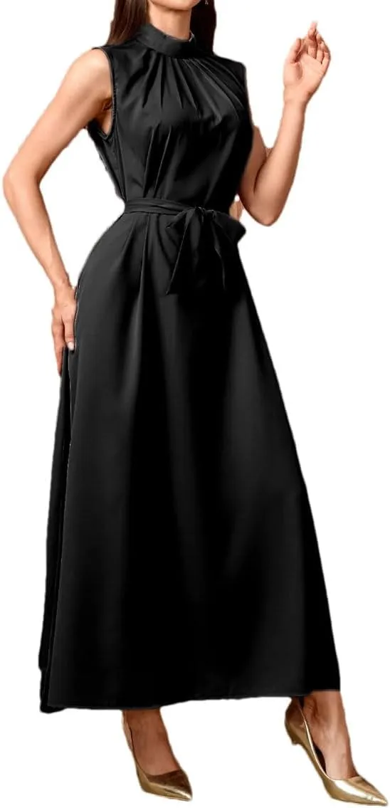Womens Sleeveless Slip Vacation Party Dress Belt Ramadan Islamic Mock Neck Long Dresses