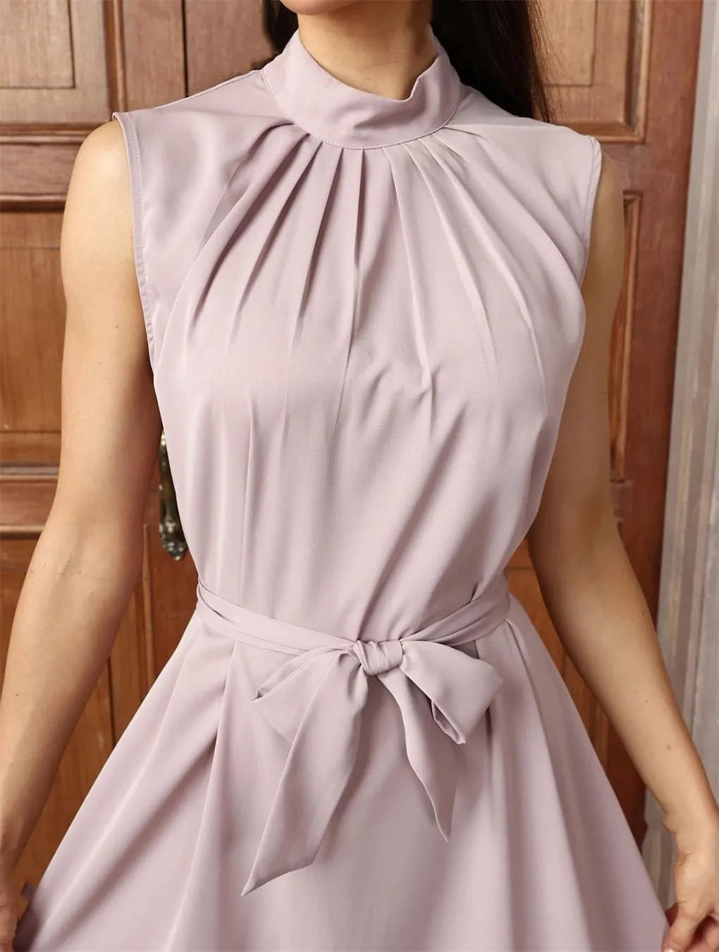 Womens Sleeveless Slip Vacation Party Dress Belt Ramadan Islamic Mock Neck Long Dresses
