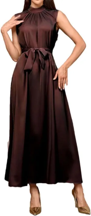 Womens Sleeveless Slip Vacation Party Dress Belt Ramadan Islamic Mock Neck Long Dresses