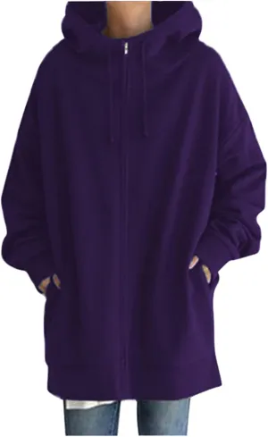 Womens Solid Color Street Style Hooded Long Zipper Sweatshirt With Fleece Long Loose Sweatshirts Women