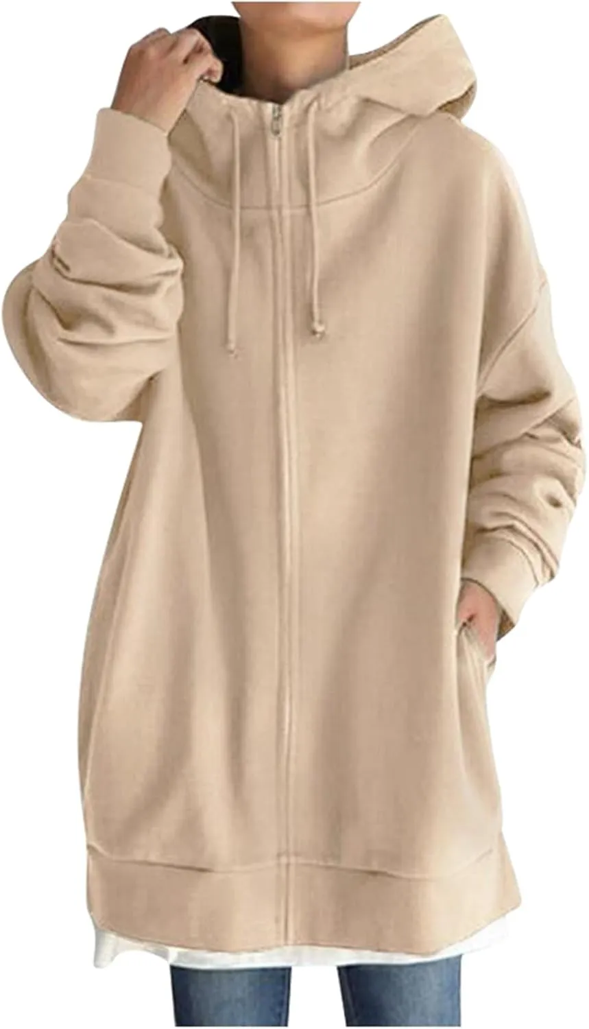 Womens Solid Color Street Style Hooded Long Zipper Sweatshirt With Fleece Oversized Hoodie Sweatshirt