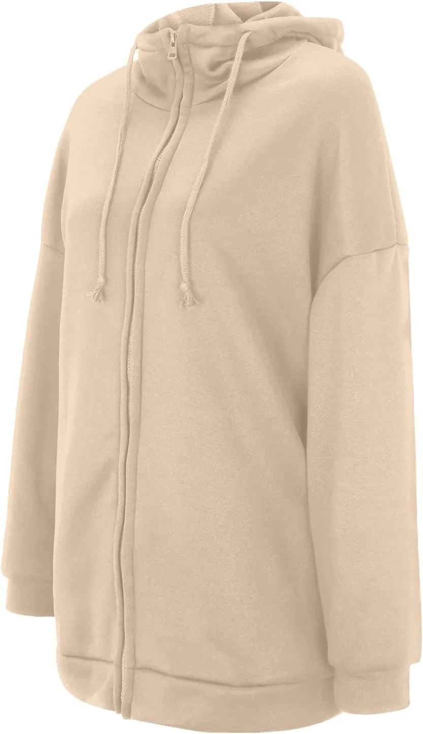 Womens Solid Color Street Style Hooded Long Zipper Sweatshirt With Fleece Oversized Hoodie Sweatshirt