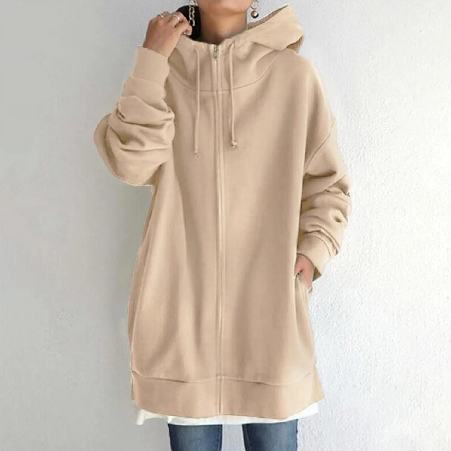 Womens Solid Color Street Style Hooded Long Zipper Sweatshirt With Fleece Oversized Hoodie Sweatshirt