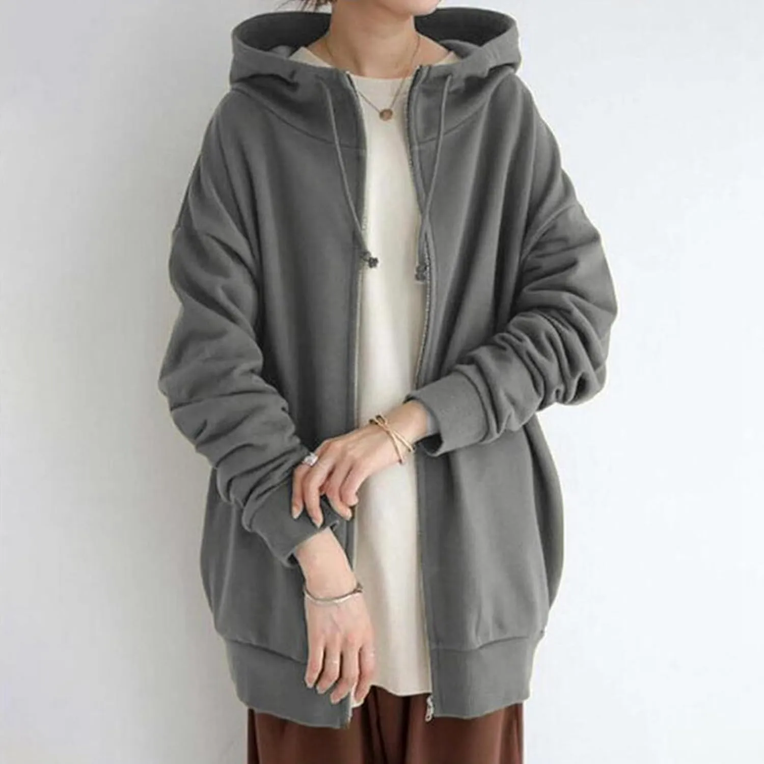 Women's Solid Color Zippered Hooded Longline Fleece Lined Streetwear Pullover Jacket Long Zipper Sweater