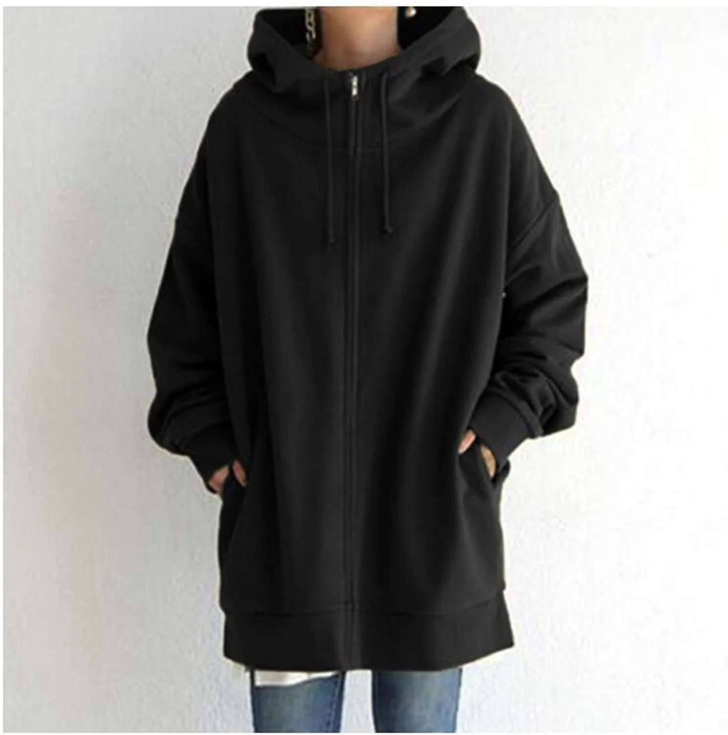 Women's Solid Color Zippered Hooded Longline Fleece Lined Streetwear Pullover Jacket Long Zipper Sweater
