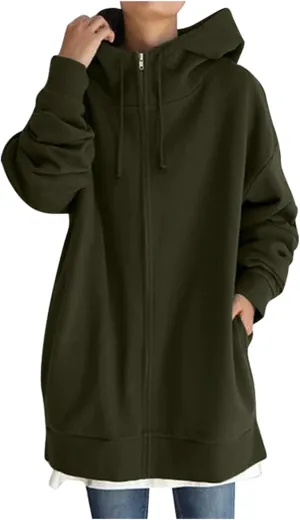 Women's Solid Color Zippered Hooded Longline Fleece Lined Streetwear Pullover Jacket Long Zipper Sweater