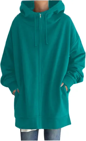 Women's Solid Color Zippered Hooded Longline Fleece Lined Streetwear Pullover Jacket Long Zipper Sweater