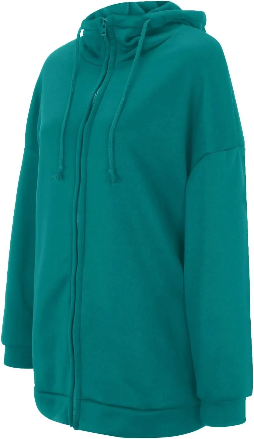 Women's Solid Color Zippered Hooded Longline Fleece Lined Streetwear Pullover Jacket Long Zipper Sweater