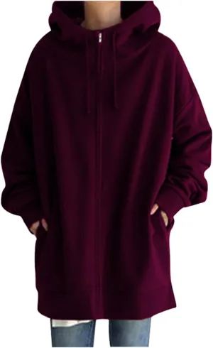 Women's Solid Color Zippered Hooded Longline Fleece Lined Streetwear Pullover Jacket Long Zipper Sweater