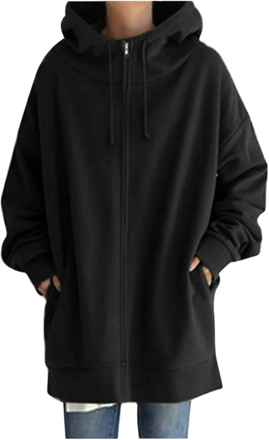 Women's Solid Color Zippered Hooded Longline Fleece Lined Streetwear Pullover Jacket Long Zipper Sweater
