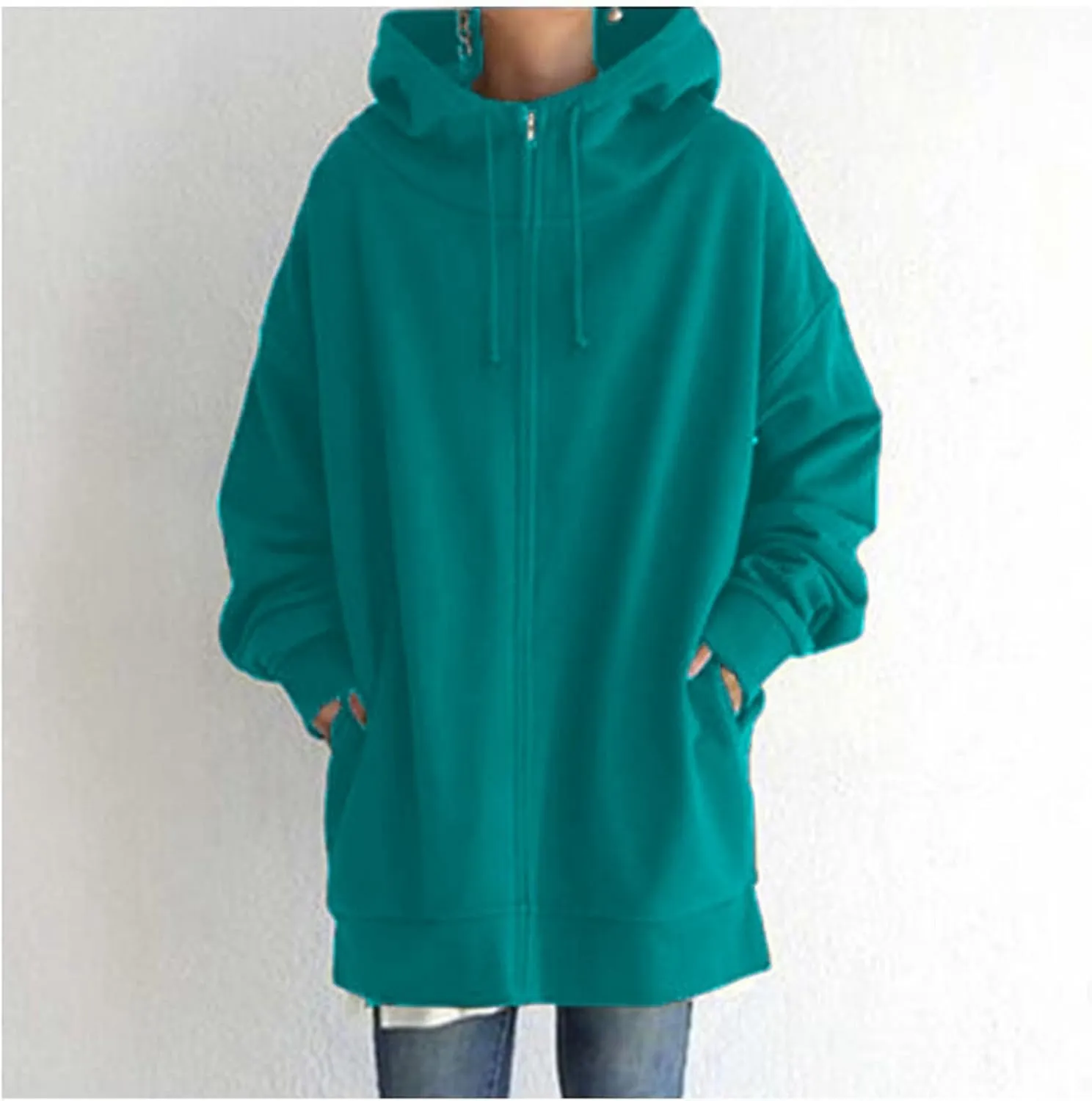 Women's Solid Color Zippered Hooded Longline Fleece Lined Streetwear Pullover Jacket Long Zipper Sweater