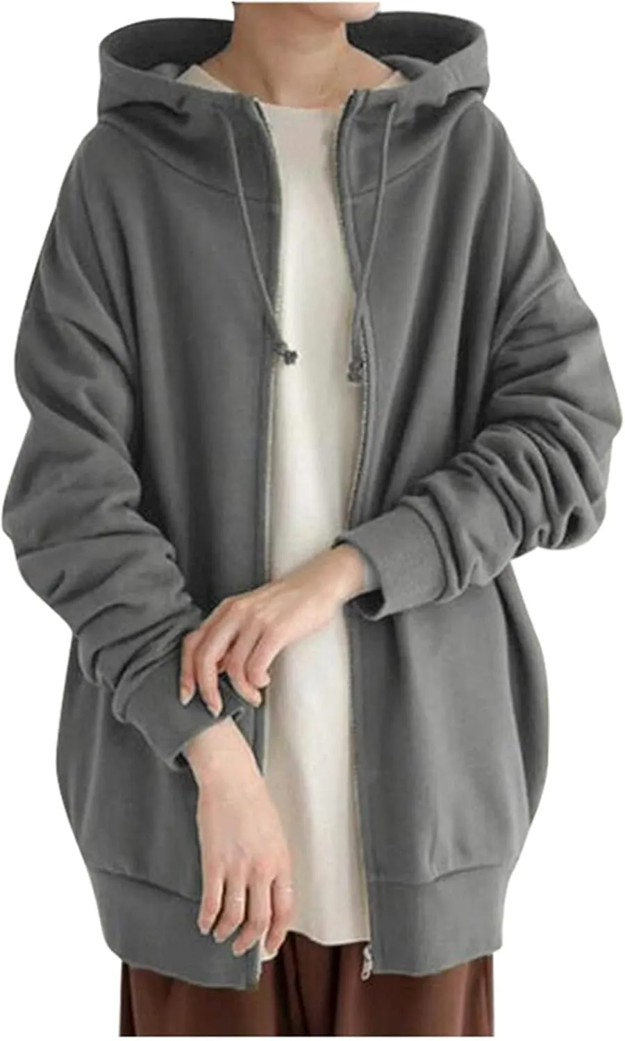 Women's Solid Color Zippered Hooded Longline Fleece Lined Streetwear Pullover Jacket Long Zipper Sweater