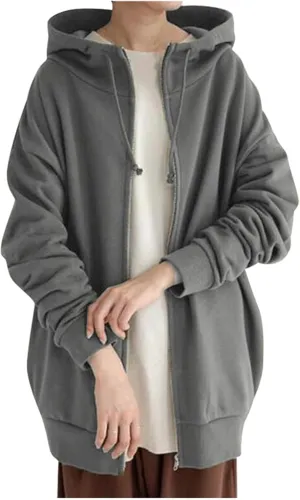 Women's Solid Color Zippered Hooded Longline Fleece Lined Streetwear Pullover Jacket Long Zipper Sweater