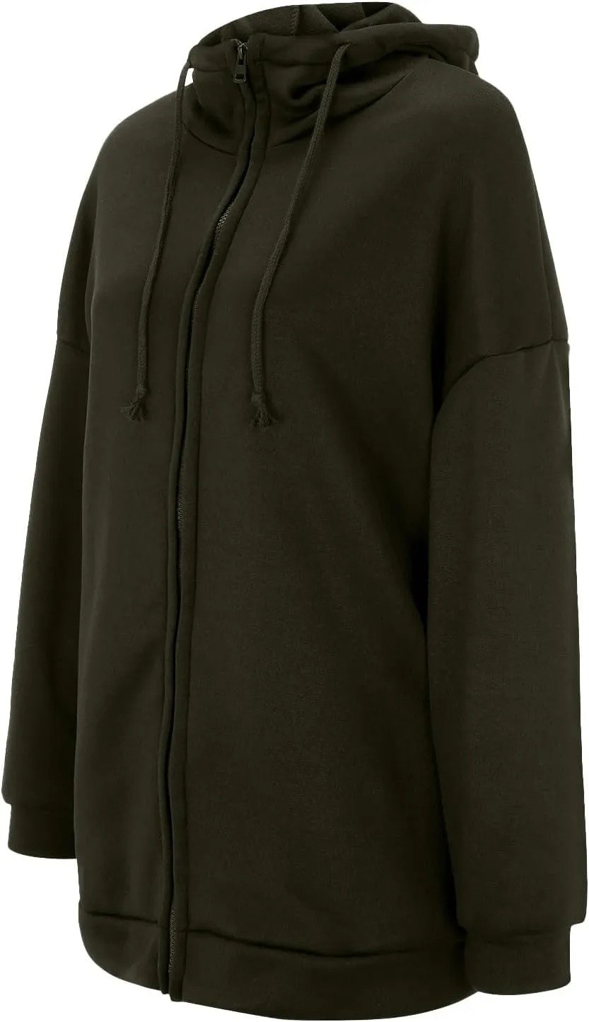 Women's Solid Color Zippered Hooded Longline Fleece Lined Streetwear Pullover Jacket Long Zipper Sweater