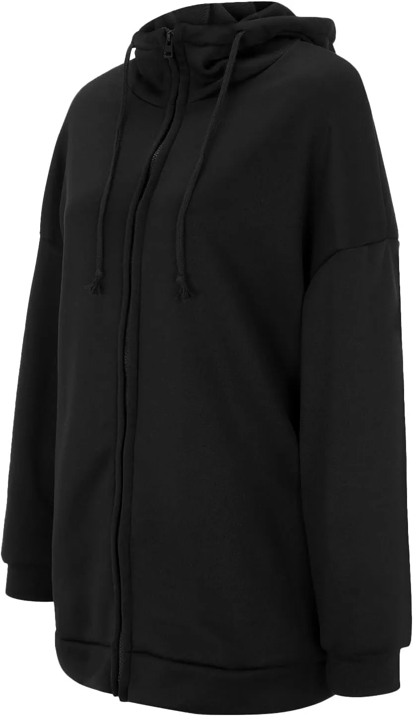 Women's Solid Color Zippered Hooded Longline Fleece Lined Streetwear Pullover Jacket Long Zipper Sweater